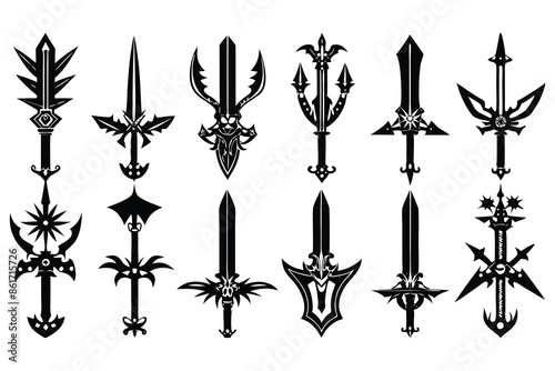 16 pich different type battle sword black silhoue wight background photo