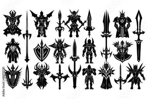 16 pich different type battle sword black silhoue wight background photo