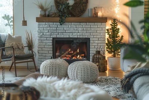 hyggeinspired living room crackling fireplace plush textures warm amber lighting cozy reading nook scandinavian design elements focus on comfort and simplicity photo