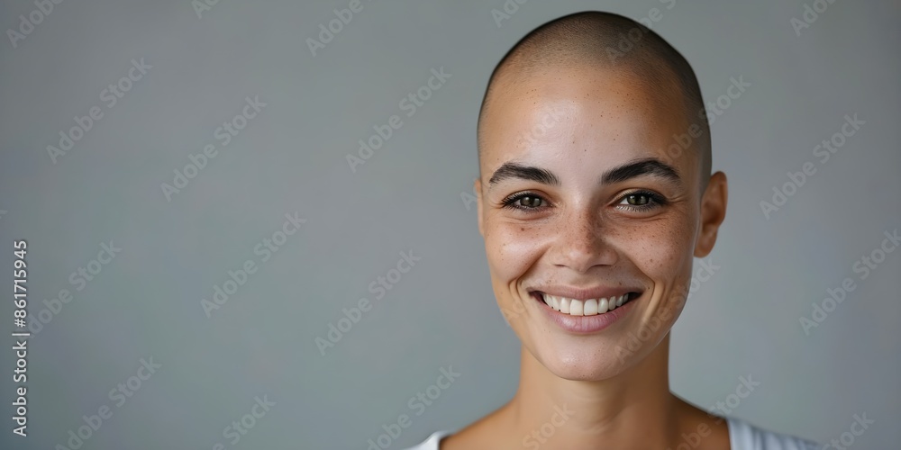 Woman with Shaved Head Smiling During Chemotherapy Cancer Patient's Positive Attitude. Concept Cancer Fighter, Beauty in Resilience, Positive Mindset, Strength in Adversity, Brave and Beautiful Woman with Shaved Head Smiling During Chemotherapy Cancer Patient's Positive Attitude. Concept Cancer Fighter, Beauty in Resilience, Positive Mindset, Strength in Adversity, Brave and Beautiful