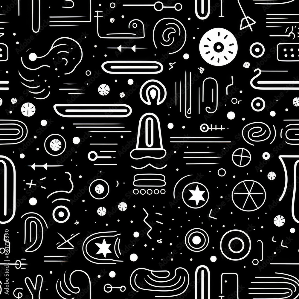 Abstract Black and White Geometric Pattern with Various Shapes and Symbols on a Dark Background Abstract Black and White Geometric Pattern with Various Shapes and Symbols on a Dark Background