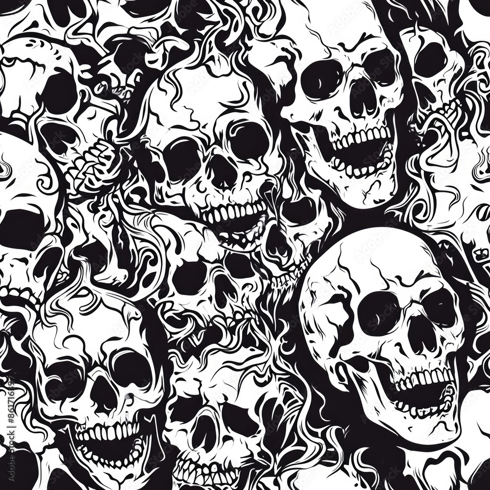 Fototapeta premium Intricate Black and White Skull Pattern - Seamless Halloween and Gothic Themed Background