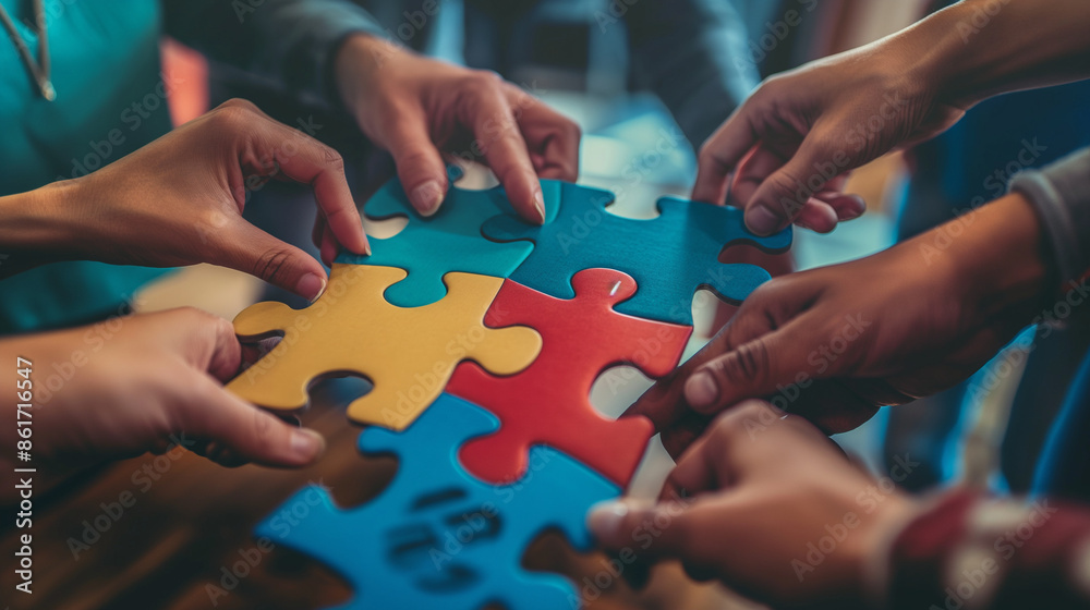 Team working together to assemble a giant puzzle, hands interlocking pieces, focused faces, left third copy space Team working together to assemble a giant puzzle, hands interlocking pieces, focused faces, left third copy space