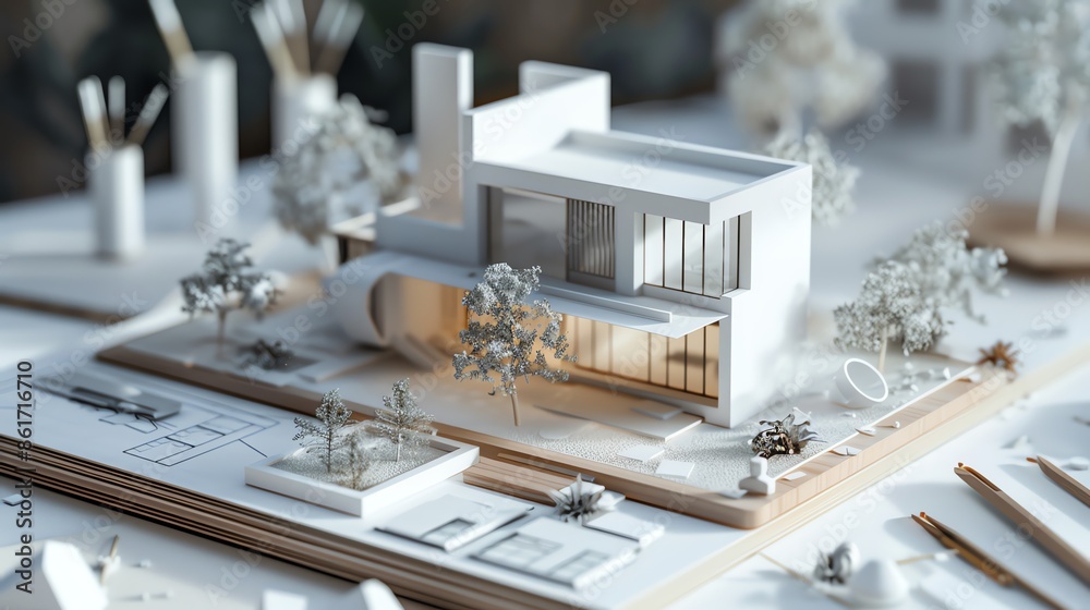 Architectural model of a modern house with a minimalist design, showcasing the blueprint on the table, for construction, renovation and interior design inspiration.