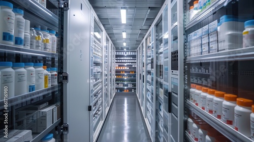 Modern pharmacy storage aisle filled with shelves of organized medical supplies, bottles, and medications under bright lighting.