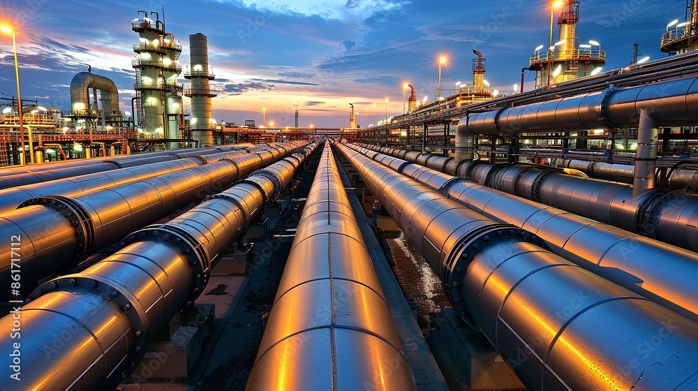 An aerial view of a complex industrial facility showcasing a vast network of pipelines stretching across the grounds during a colorful sunset An aerial view of a complex industrial facility showcasing a vast network of pipelines stretching across the grounds during a colorful sunset