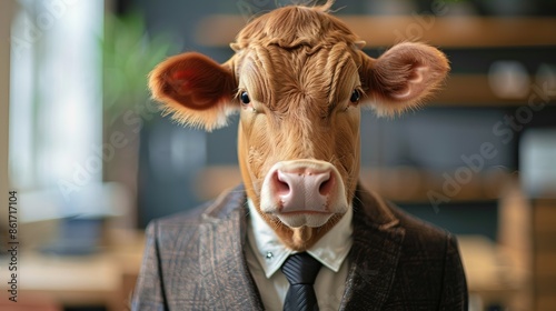Cow in the office wearing suit and tie, busy blurred background © WrongWay