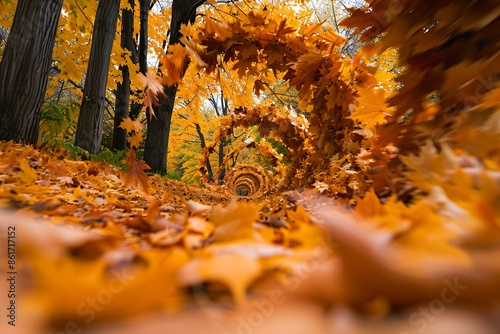 A vortex of swirling maple leaves on a crisp fall day photo