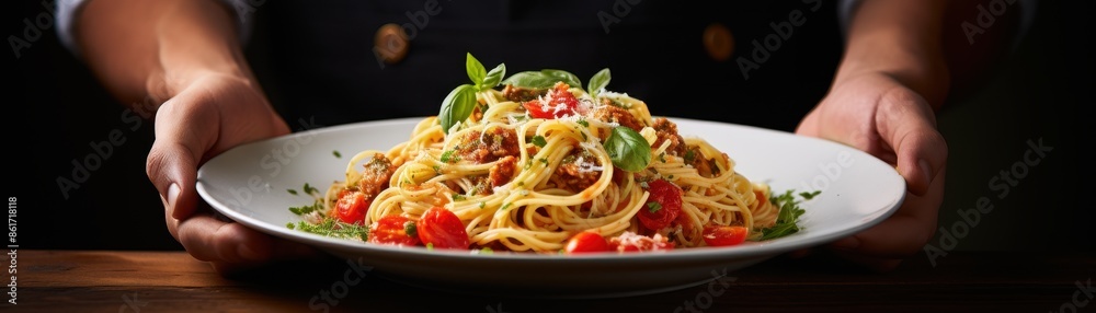 Chef's Hands Presenting a Plate of Perfectly Cooked Spaghetti with Tomato Sauce Chef's Hands Presenting a Plate of Perfectly Cooked Spaghetti with Tomato Sauce