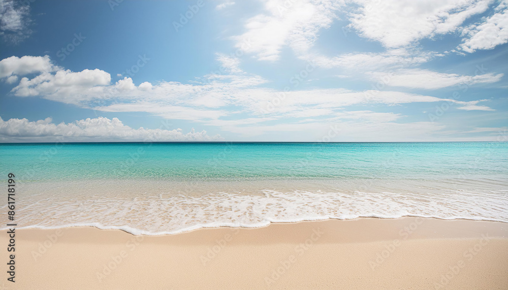 Tranquil beach with clear turquoise waters lapping onto white sandy shore under a partly cloudy sky, tropical travel nature relaxation tourism Tranquil beach with clear turquoise waters lapping onto white sandy shore under a partly cloudy sky, tropical travel nature relaxation tourism