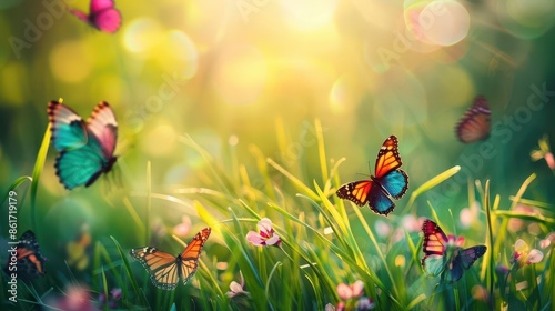 whimsical spring meadow with vibrant butterflies and lush green grass abstract fantasy background