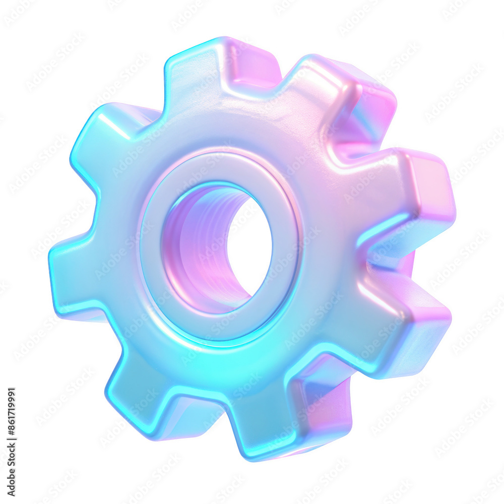 Iridescent 3D Gear Icon in Gradient Colors. Perfect for Settings and Configuration Symbols in Digital Interfaces. Isolated on transparent background, png.