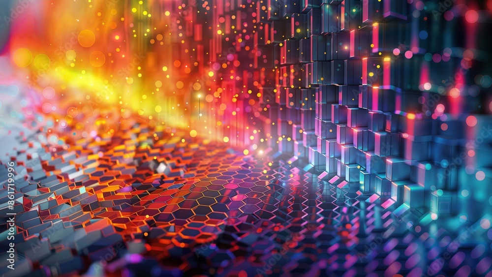 Obraz premium This image showcases a vibrant, abstract digital art piece featuring a dynamic array of geometric shapes, hexagons, and cubes. 