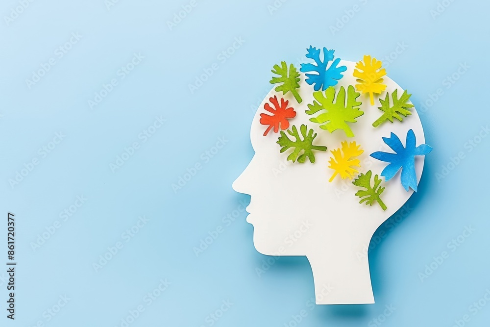 Abstract conceptual human head silhouette with colorful brain gears and cogs on light blue background representing creativity and mental processes Abstract conceptual human head silhouette with colorful brain gears and cogs on light blue background representing creativity and mental processes