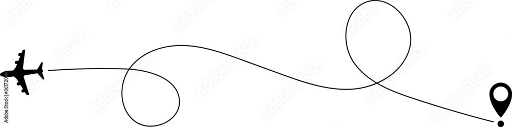 Airplane line path icon of air plane flight route with start point and line trace. Vector illustration. Airplane line path icon of air plane flight route with start point and line trace. Vector illustration.
