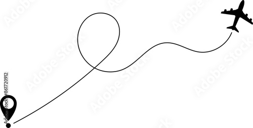 Airplane line path icon of air plane flight route with start point and line trace. Vector illustration.