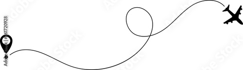 Airplane line path icon of air plane flight route with start point and line trace. Vector illustration.