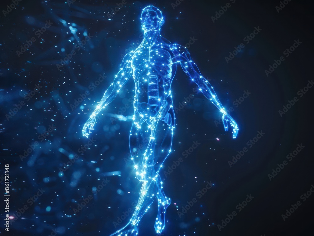 Glowing hologram of human body 3D structure with dark background.