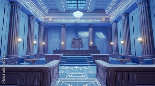 24. Craft a futuristic courtroom with AI-assisted legal research and virtual simulations aiding in complex trials and judicial proceedings. photo
