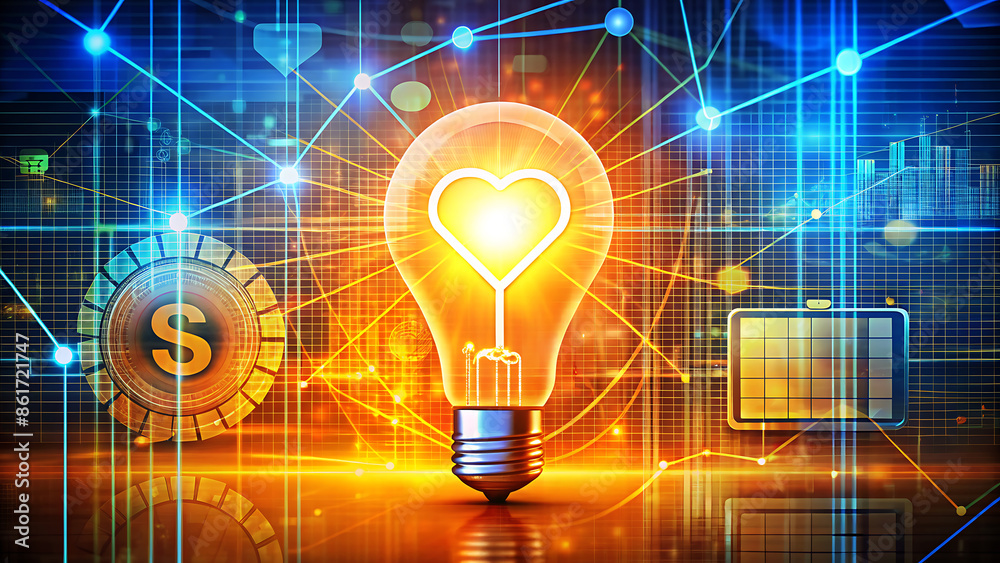 Futuristic Digital Marketing: Light Bulb, Dollar Sign, and Mobile Icon with Data Streams
