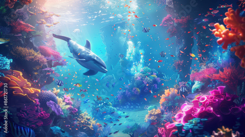 A colorful underwater scene with a dolphin swimming through it photo