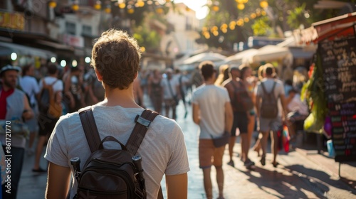 Bustling City Square Tourist Immersed in Vibrant Urban Energy © AbiScene