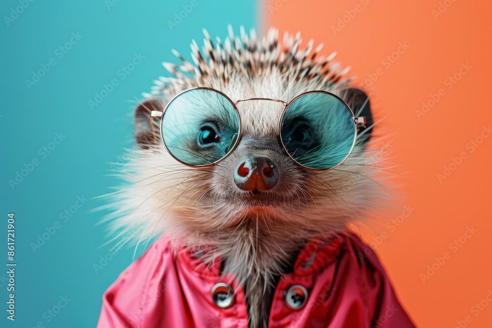Fototapeta premium Image of stylish Porcupine in trendy sunglasses and outfit looking at camera against two colored background, Copyspace