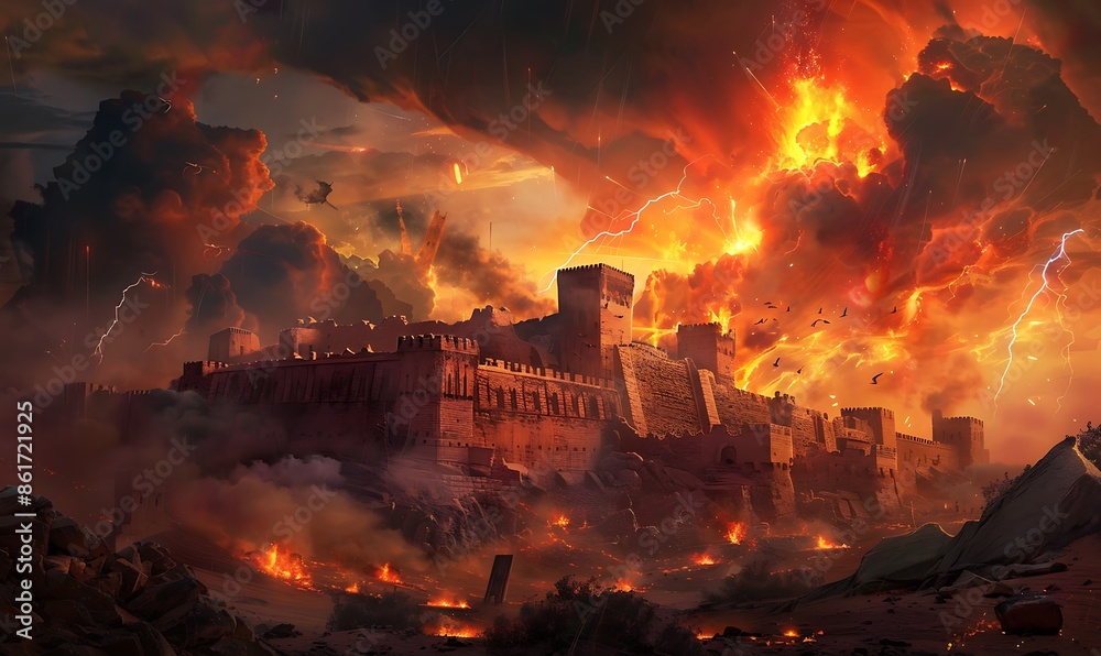 An intense, dramatic scene with Jericho's walls collapsing under a stormy, fire-lit sky, emphasizing the chaos and destruction An intense, dramatic scene with Jericho's walls collapsing under a stormy, fire-lit sky, emphasizing the chaos and destruction
