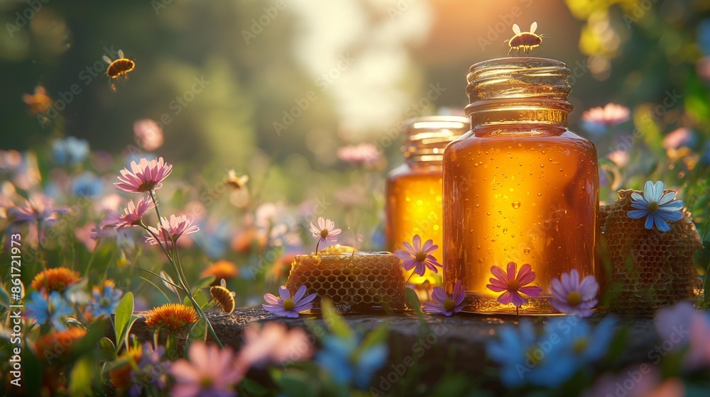 AI generator image of Natural organic honey in glass jar, honey dipper and honeycombs are near. Natural food in flowers garden AI generator image of Natural organic honey in glass jar, honey dipper and honeycombs are near. Natural food in flowers garden