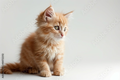 A ginger kitten sitting against a white background, showcasing its fluffy fur and attentive gaze