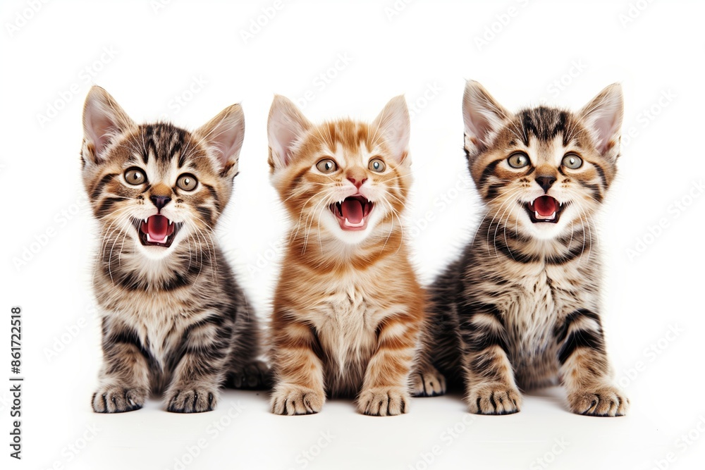 Three playful kittens with mouths open, displaying their joyful and curious expressions against a white background Three playful kittens with mouths open, displaying their joyful and curious expressions against a white background