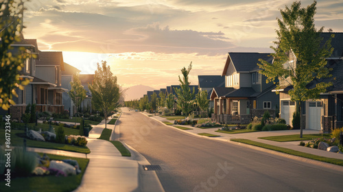 A captivating street view of a newly constructed neighborhood bathed in the warm hues of sunset. Larger landscaped homes with spacious yards line the sidewalks, creating a picturesque setting.