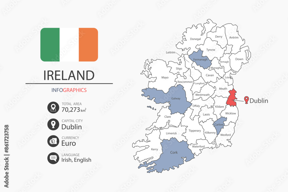 Fototapeta premium Ireland map infographic elements with flag of city. Separate of heading is total areas, Currency, Language and the capital city in this country.