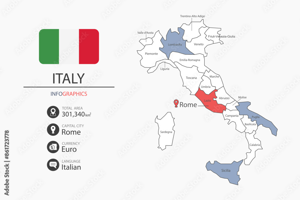 Obraz premium Italy map infographic elements with flag of city. Separate of heading is total areas, Currency, Language and the capital city in this country.