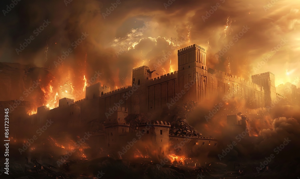 Obraz premium An intense, dramatic scene with Jericho's walls collapsing under a stormy, fire-lit sky, emphasizing the chaos and destruction