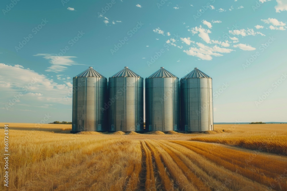 Three grain bins standing in a green field against a blue sky Three grain bins standing in a green field against a blue sky