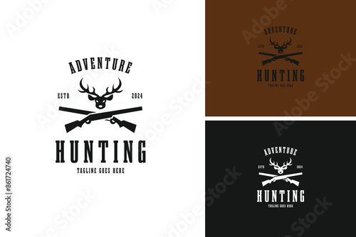 Deer head and riffle logo design vector illustration template idea