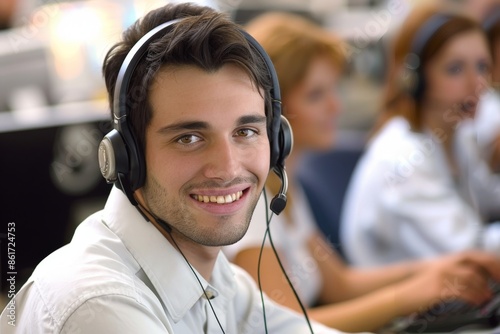 Smiling Male Customer Service Representative Headset Office Professional Helpdesk Support Agent Team Background