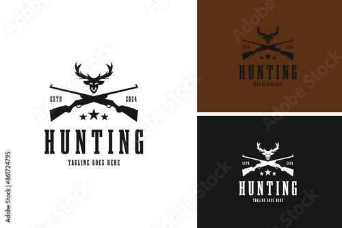 Deer head and riffle logo design vector illustration template idea
