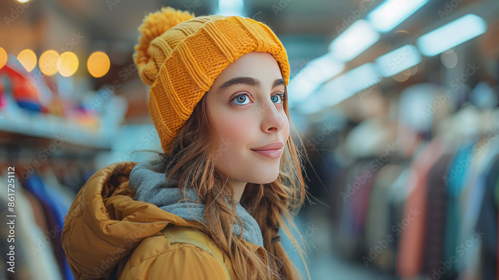 Young woman shopping in a clothing store, photo.generative ai