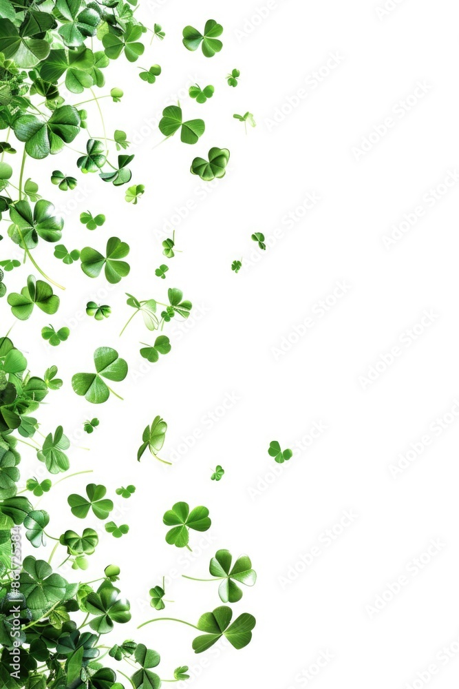 A white background with green leaves scattered all over it. The leaves are shaped like clovers and are spread out in various directions A white background with green leaves scattered all over it. The leaves are shaped like clovers and are spread out in various directions