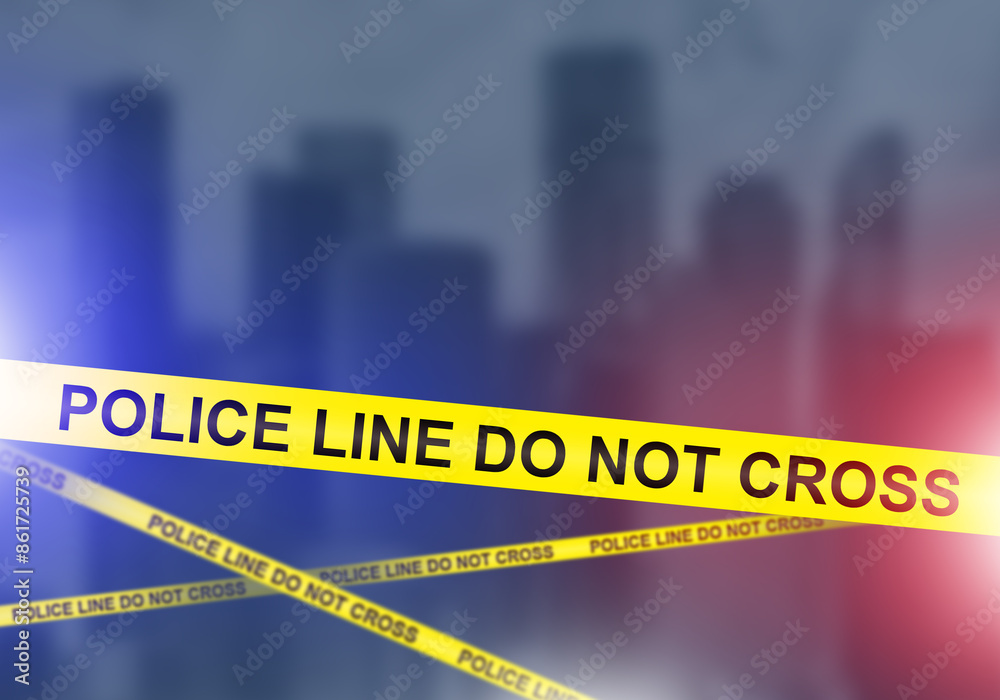 Obraz premium Police line in city. Yellow tape with text do not cross. Police line for crime scene. Area in metropolis is sealed off. Police line in front of skyscraper silhouettes. Quarantine, ban. 3d image