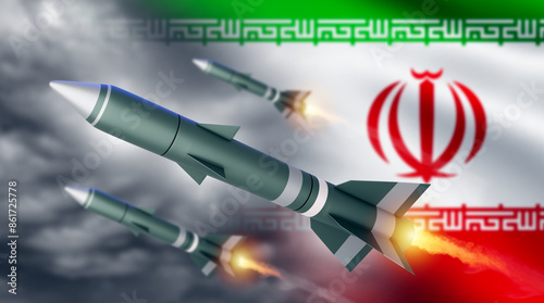Air rockets with Iran flag. Air defense missiles. Ballistic missiles in cloudy sky. Warheads for attacking enemy. Concept of missile testing in Iran. Iranian-made military technologies. 3d image