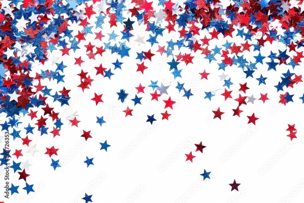 Glittering star confetti in red, white and blue colors on pure white background Generative AI Glittering star confetti in red, white and blue colors on pure white background Generative AI