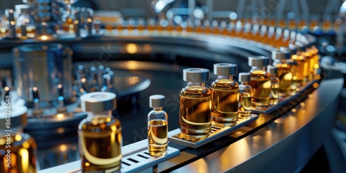 A row of bottles with a label that says "liquid" on them. The bottles are lined up on a conveyor belt