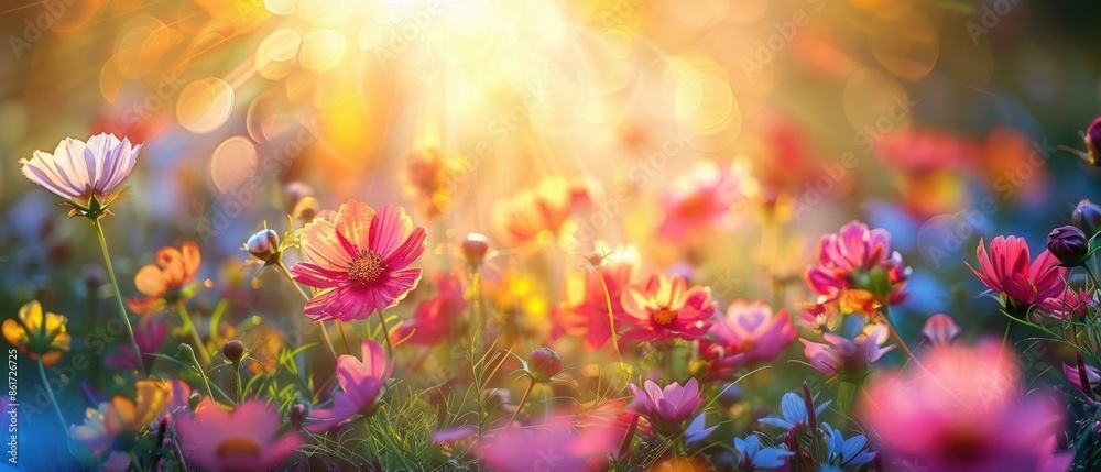 Summer meadow with colorful flowers sunbeams blue sky bokeh lights nature background banner wildflowers copy space Summer meadow with colorful flowers sunbeams blue sky bokeh lights nature background banner wildflowers copy space