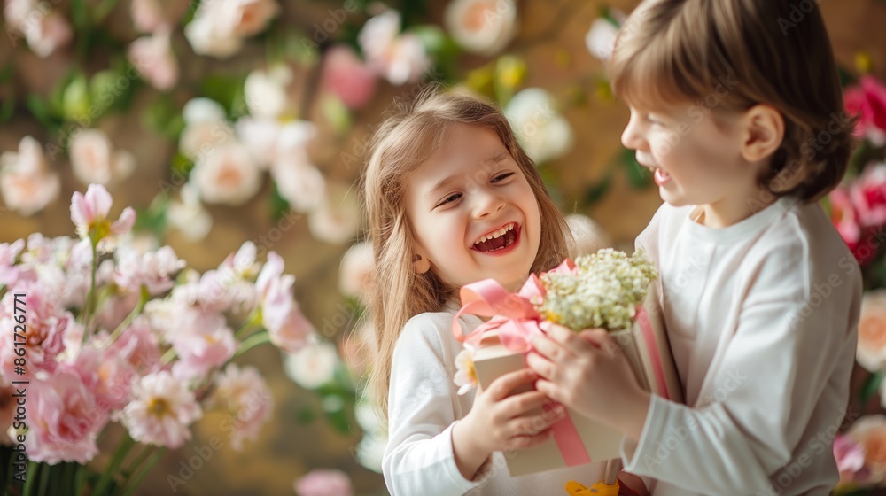 Two children smile joyfully as they exchange a gift amid a backdrop of blooming flowers, showcasing a heartwarming moment of friendship and happiness. Two children smile joyfully as they exchange a gift amid a backdrop of blooming flowers, showcasing a heartwarming moment of friendship and happiness.