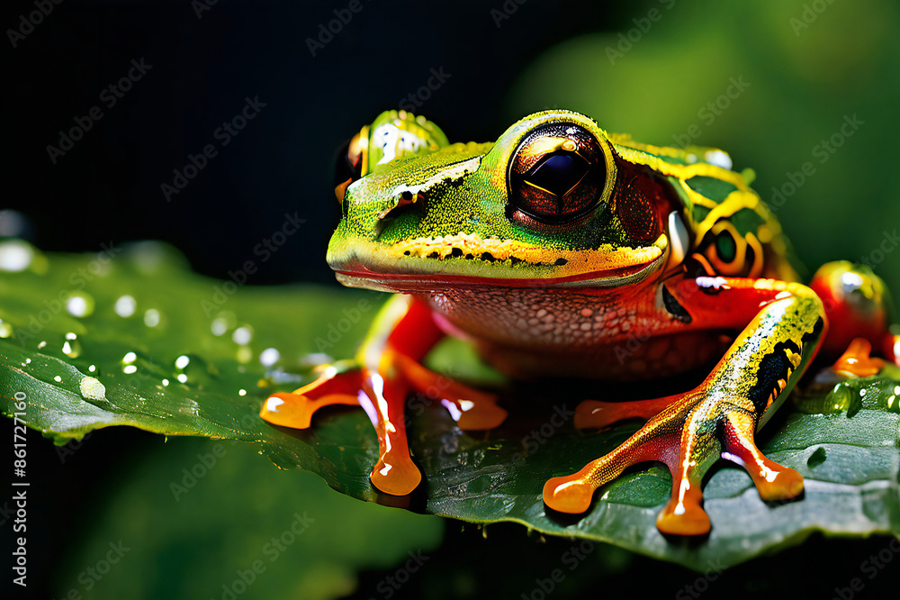 Fototapeta premium Closeup of a rain forest frog with colorful skin.