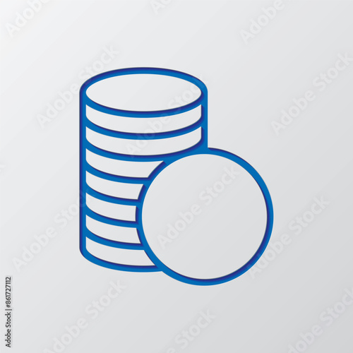 Coins simple icon vector. Flat design. Paper cut design. Cutted blue symbol with shadow. Gray background