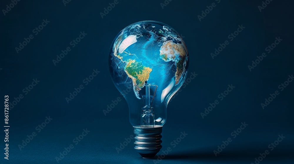 Light bulb encompassing a world map illuminated against a dark blue background emphasizing the urgent issue of the global energy crisis Light bulb encompassing a world map illuminated against a dark blue background emphasizing the urgent issue of the global energy crisis